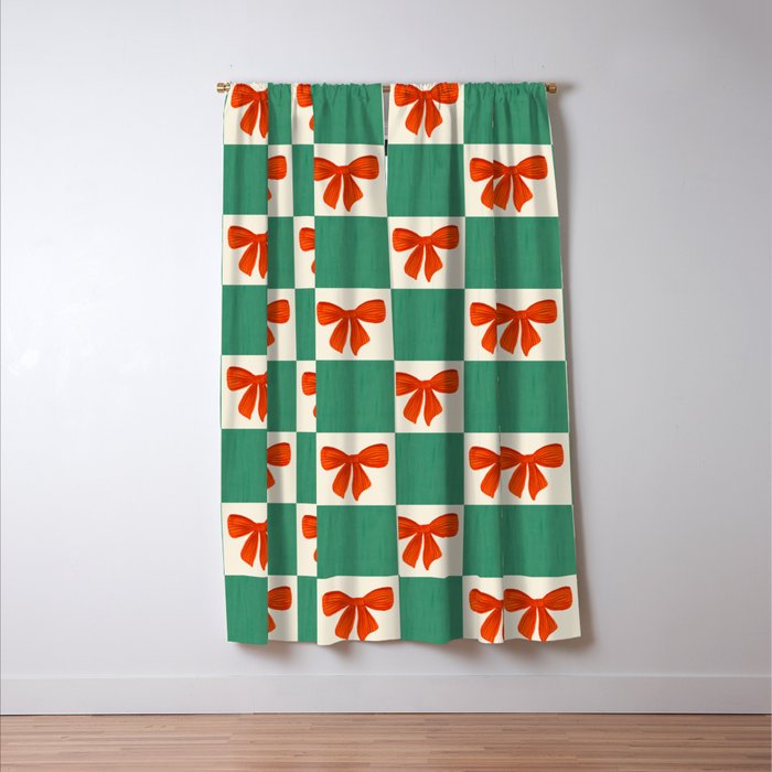 Charming Red Bow Checkerboard Pattern - Festive Holiday Background Window Curtain Gallery Image 3