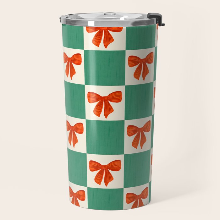 Charming Red Bow Checkerboard Pattern - Festive Holiday Background Travel Mug Gallery Image 2