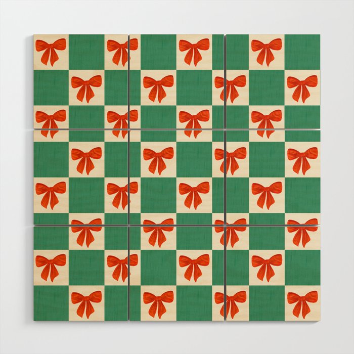 Charming Red Bow Checkerboard Pattern - Festive Holiday Background Wood Wall Art Gallery Image 1