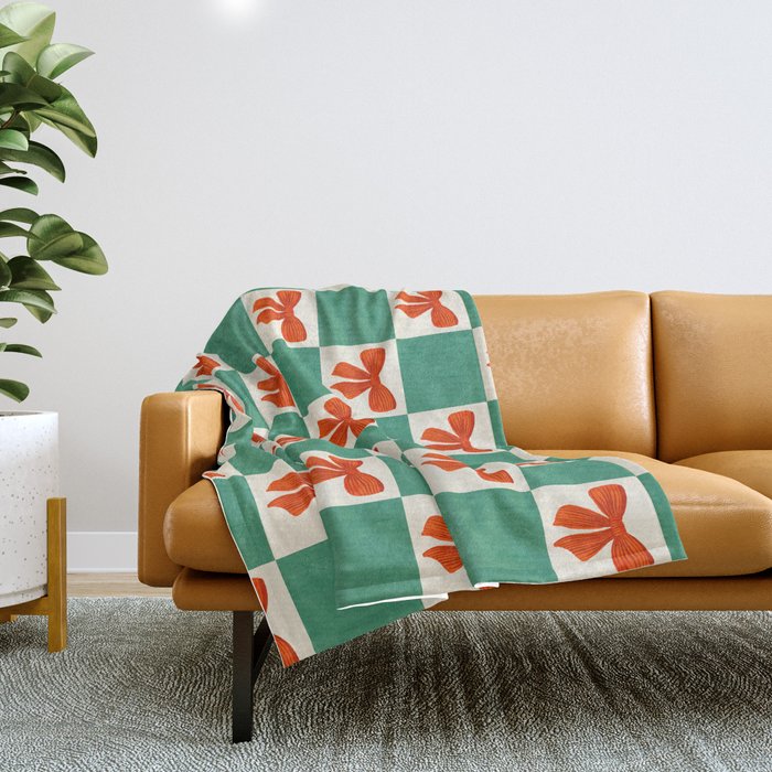 Charming Red Bow Checkerboard Pattern - Festive Holiday Background Throw Blanket Gallery Image 1