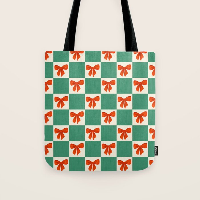 Charming Red Bow Checkerboard Pattern - Festive Holiday Background Tote Bag Gallery Image 1