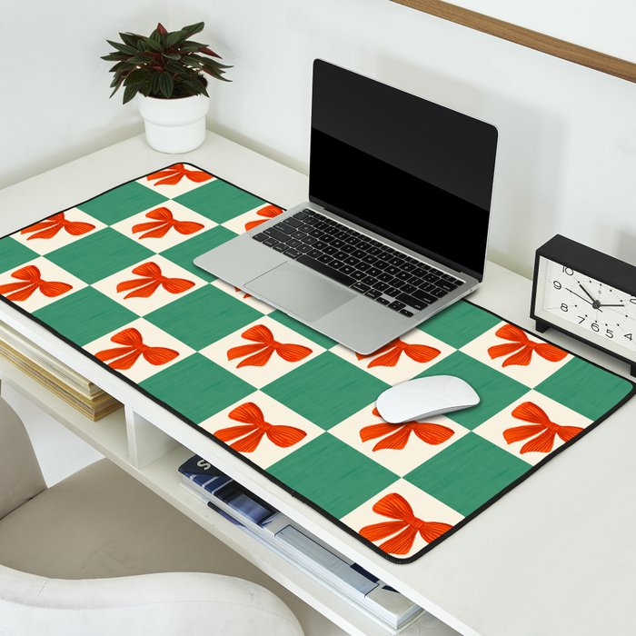 Charming Red Bow Checkerboard Pattern - Festive Holiday Background Desk Mat Gallery Image 2