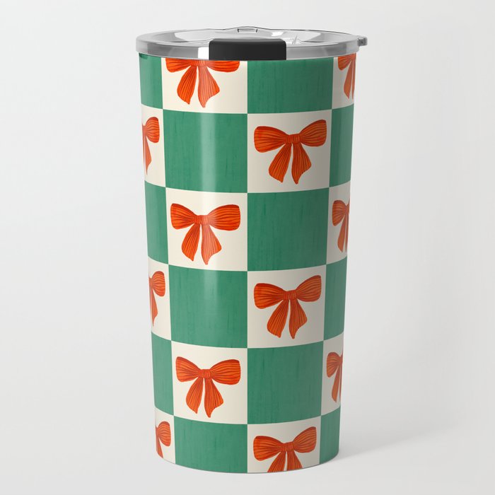 Charming Red Bow Checkerboard Pattern - Festive Holiday Background Travel Mug Gallery Image 1