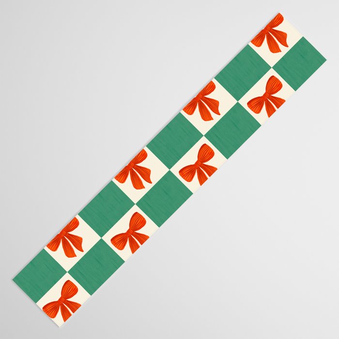 Charming Red Bow Checkerboard Pattern - Festive Holiday Background Table Runner Gallery Image 3