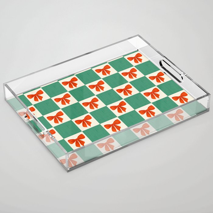 Charming Red Bow Checkerboard Pattern - Festive Holiday Background Acrylic Tray Gallery Image 1
