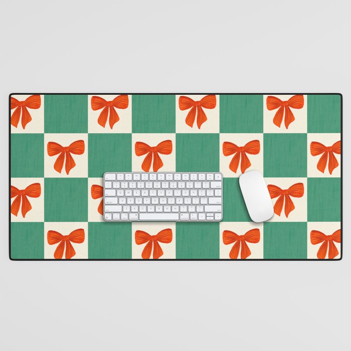 Charming Red Bow Checkerboard Pattern - Festive Holiday Background Desk Mat Gallery Image 1