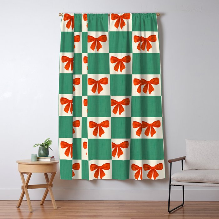 Charming Red Bow Checkerboard Pattern - Festive Holiday Background Window Curtain Gallery Image 1
