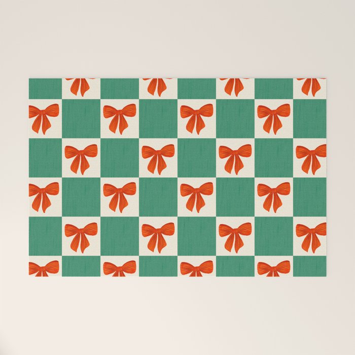 Charming Red Bow Checkerboard Pattern - Festive Holiday Background Welcome Mat Gallery Image 1