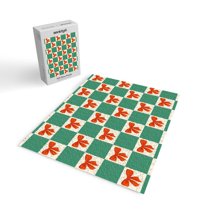 Charming Red Bow Checkerboard Pattern - Festive Holiday Background Jigsaw Puzzle Gallery Image 2