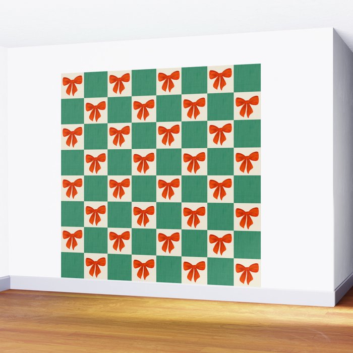 Charming Red Bow Checkerboard Pattern - Festive Holiday Background Wall Mural Gallery Image 2