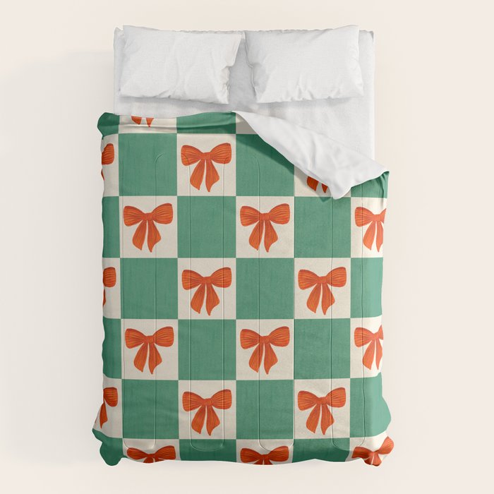 Charming Red Bow Checkerboard Pattern - Festive Holiday Background Comforter Gallery Image 6