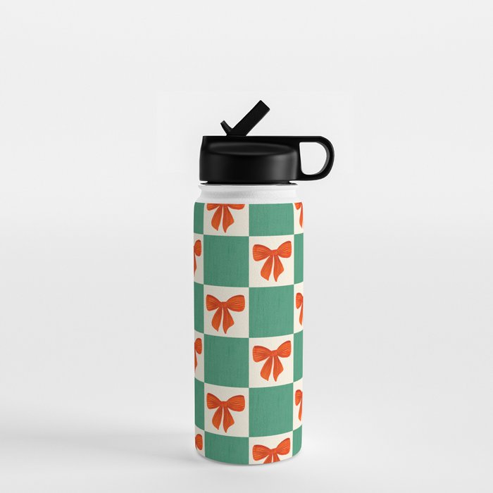 Charming Red Bow Checkerboard Pattern - Festive Holiday Background Water Bottle Gallery Image 1