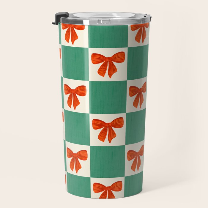 Charming Red Bow Checkerboard Pattern - Festive Holiday Background Travel Mug Gallery Image 3