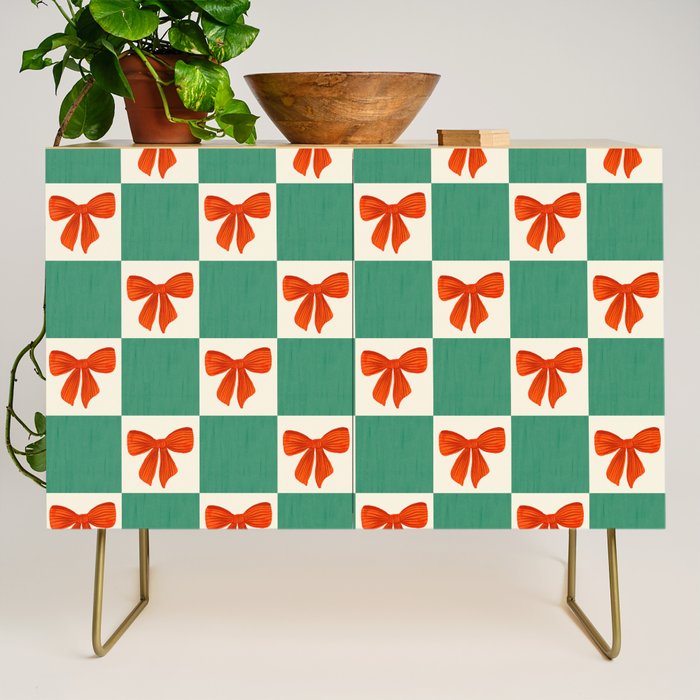 Charming Red Bow Checkerboard Pattern - Festive Holiday Background Credenza Gallery Image 1