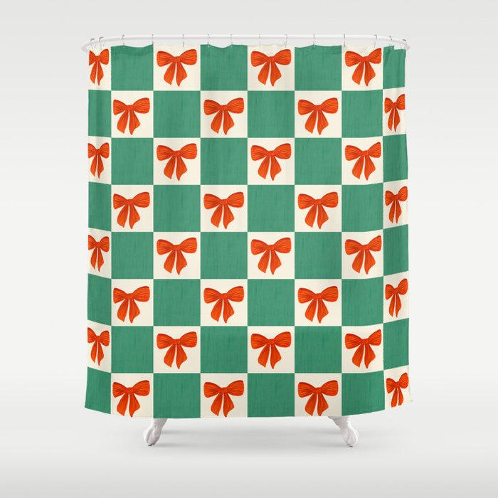 Charming Red Bow Checkerboard Pattern - Festive Holiday Background Shower Curtain Gallery Image 1