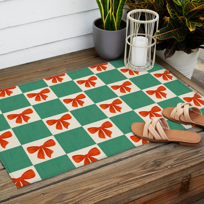 Charming Red Bow Checkerboard Pattern - Festive Holiday Background Outdoor Rug Gallery Image 2