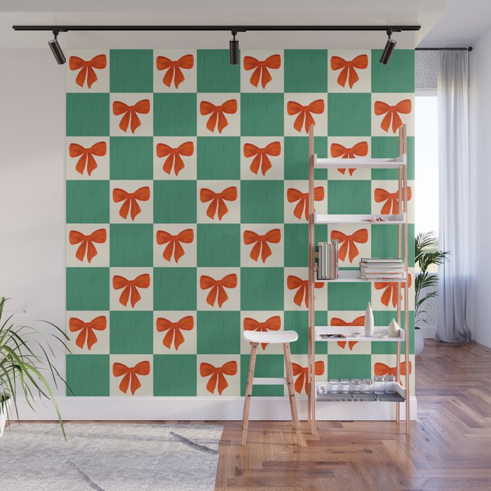 Charming Red Bow Checkerboard Pattern - Festive Holiday Background Wall Mural Gallery Image 1