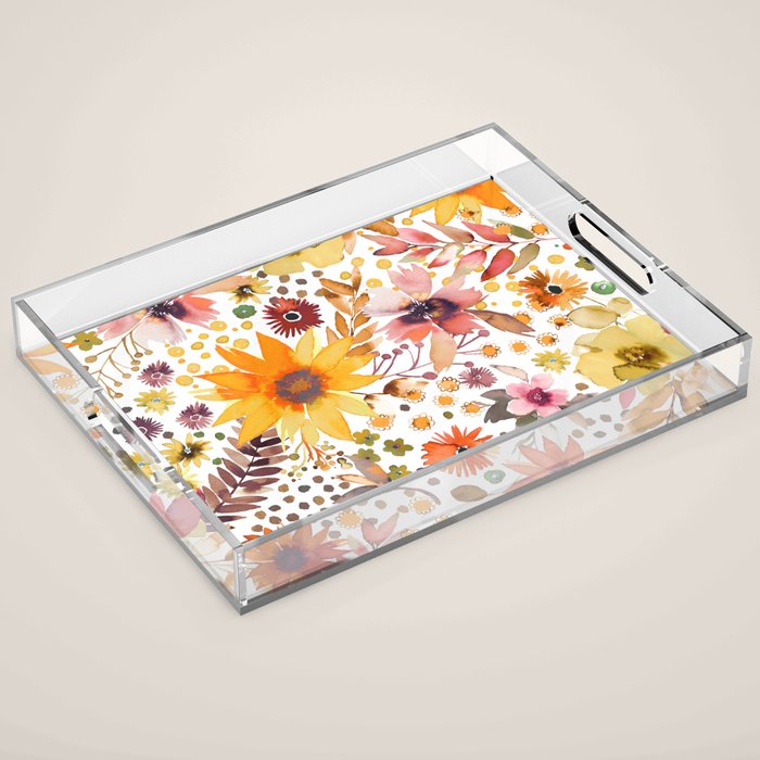 Watercolor Autumn Floral Sunflowers Warm Orange Acrylic Tray Gallery Image 1