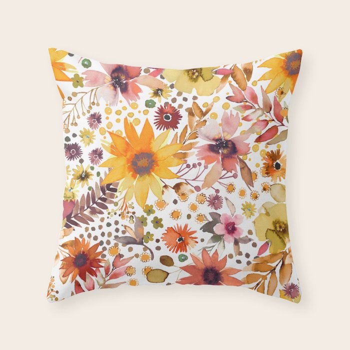 Watercolor Autumn Floral Sunflowers Warm Orange Throw Pillow Gallery Image 6