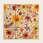 Watercolor Autumn Floral Sunflowers Warm Orange Wood Wall Art Gallery Image 1