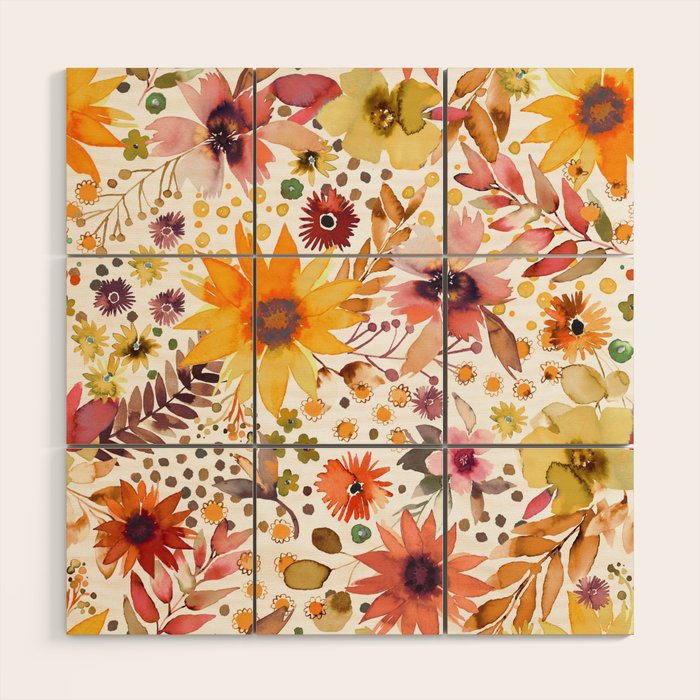 Watercolor Autumn Floral Sunflowers Warm Orange Wood Wall Art Gallery Image 1