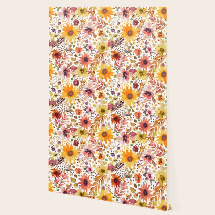 Watercolor Autumn Floral Sunflowers Warm Orange Wallpaper Gallery Image 2
