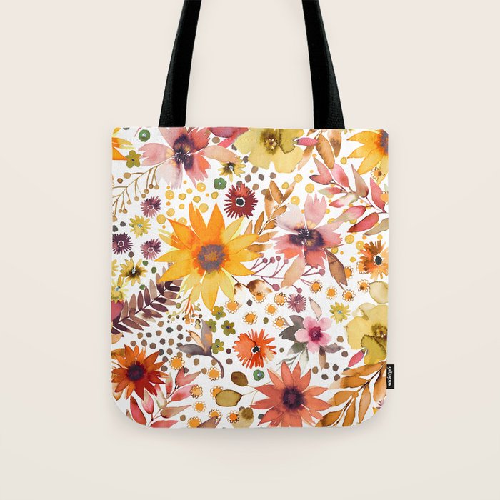 Watercolor Autumn Floral Sunflowers Warm Orange Tote Bag Gallery Image 1