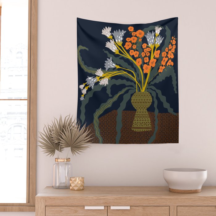 Matisse Flower Vase modern Illustration dark Wall Tapestry Gallery Image 2