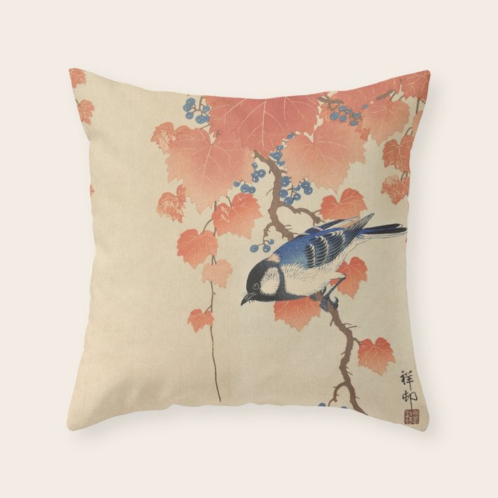 Ohara Koson - Japanese Bird Blockprint Throw Pillow Gallery Image 1