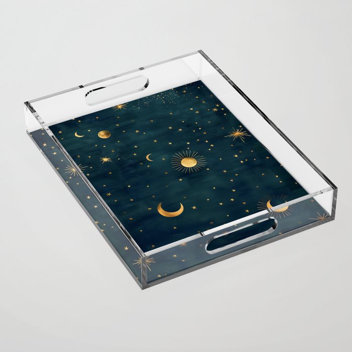 Golden Sun Moon and Stars Radiating the Universes Light Within You Acrylic Tray