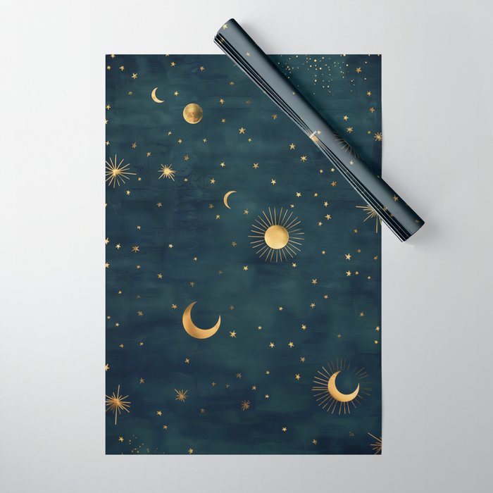 Golden Sun Moon and Stars Radiating the Universes Light Within You Wrapping Paper Gallery Image 1