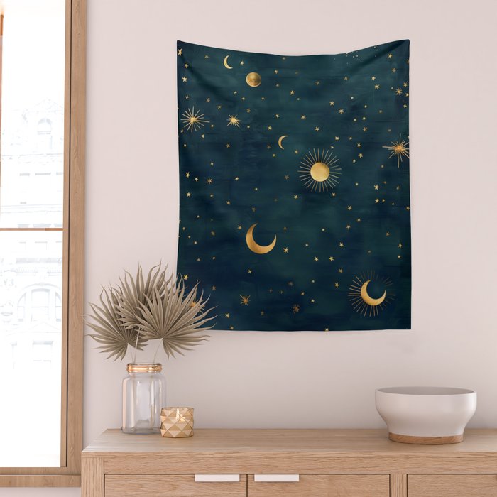 Golden Sun Moon and Stars Radiating the Universes Light Within You Wall Tapestry Gallery Image 2