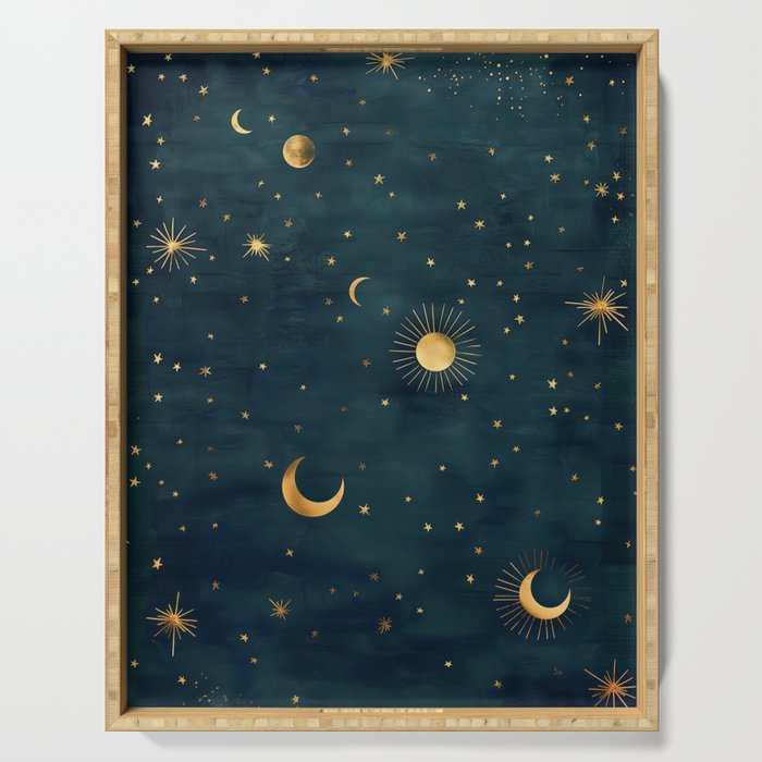 Golden Sun Moon and Stars Radiating the Universes Light Within You Serving Tray Gallery Image 1