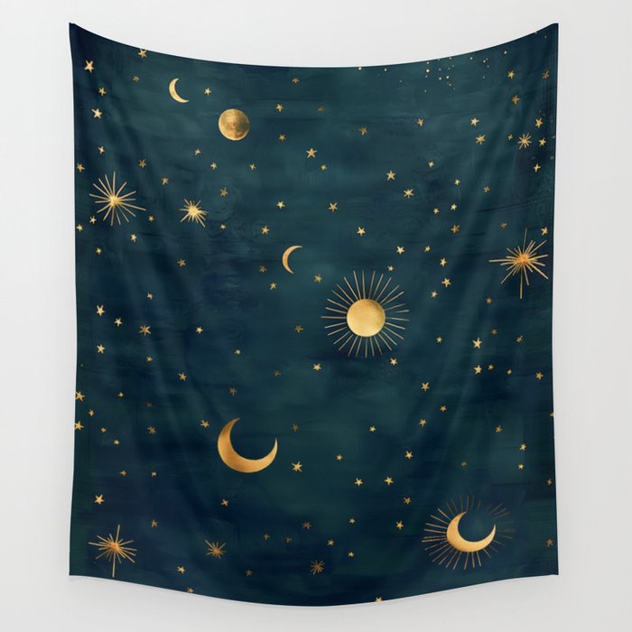 Golden Sun Moon and Stars Radiating the Universes Light Within You Wall Tapestry Gallery Image 4