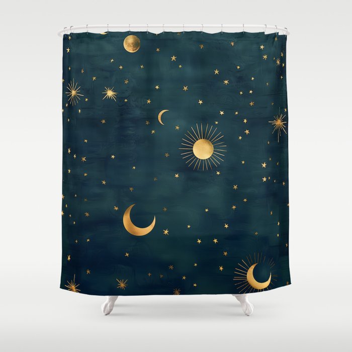 Golden Sun Moon and Stars Radiating the Universes Light Within You Shower Curtain Gallery Image 1