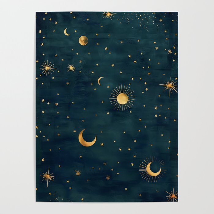 Golden Sun Moon and Stars Radiating the Universes Light Within You Poster Gallery Image 4