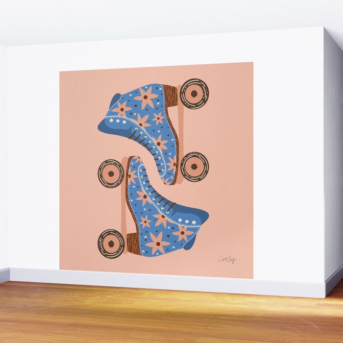 Retro Roller Skates - Blue & Peach Palette Wall Mural Gallery Image 2