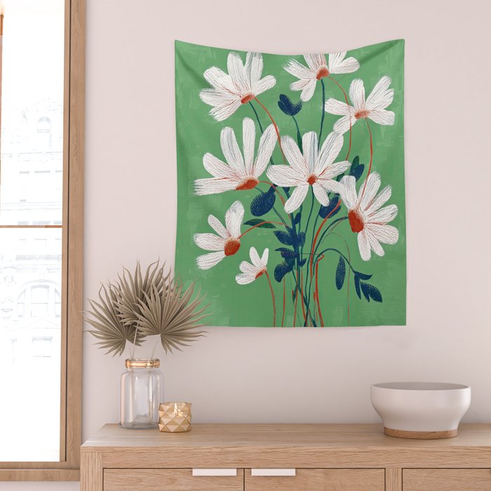 White Flowers Wall Tapestry Gallery Image 2