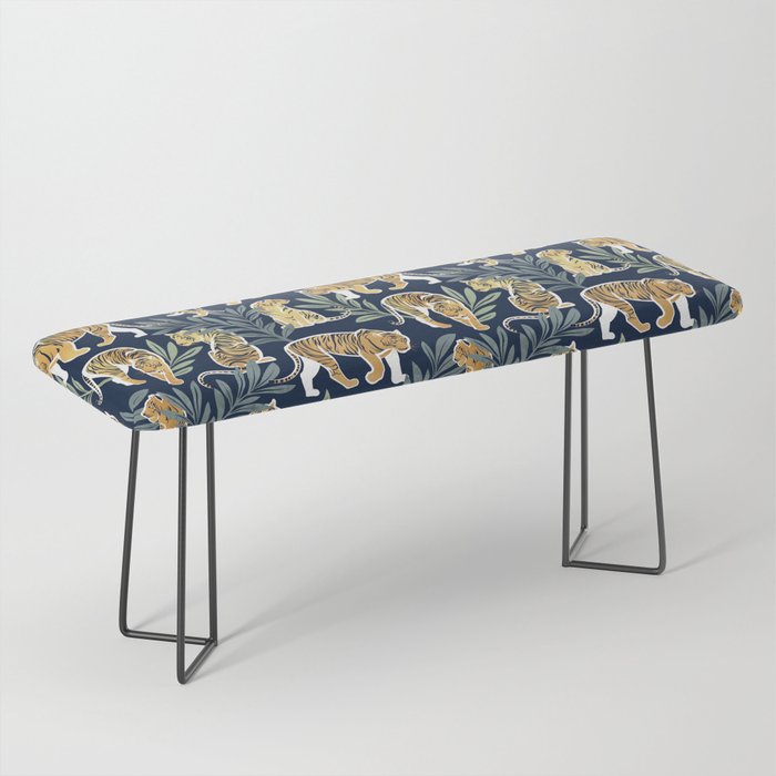 Nouveau white tigers // navy blue background green leaves white lines yellow animals Bench Gallery Image 1