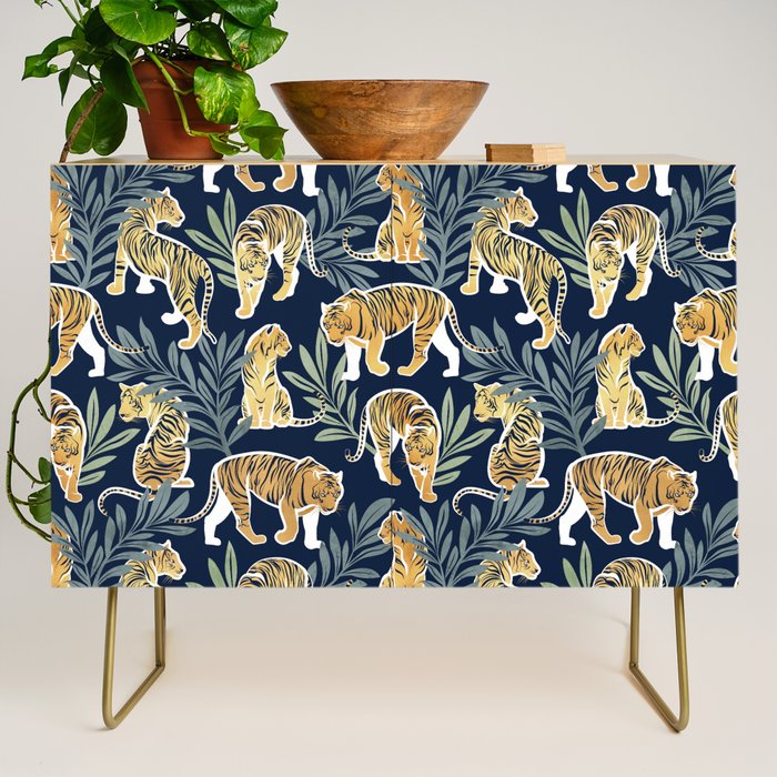 Nouveau white tigers // navy blue background green leaves white lines yellow animals Credenza Gallery Image 1