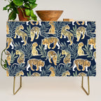 Nouveau white tigers // navy blue background green leaves white lines yellow animals Credenza Gallery Image 1