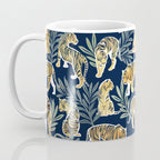 Nouveau white tigers // navy blue background green leaves white lines yellow animals Coffee Mug Gallery Image 3