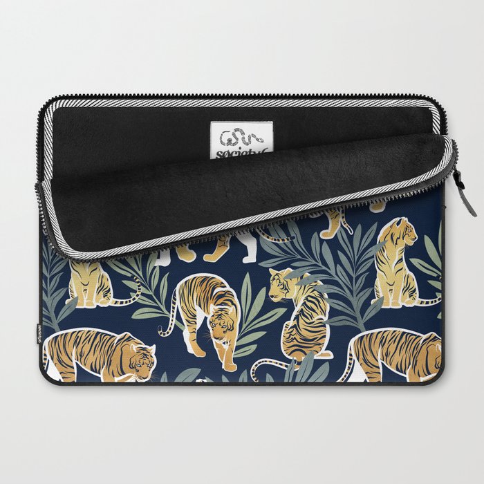 Nouveau white tigers // navy blue background green leaves white lines yellow animals Laptop Sleeve Gallery Image 2