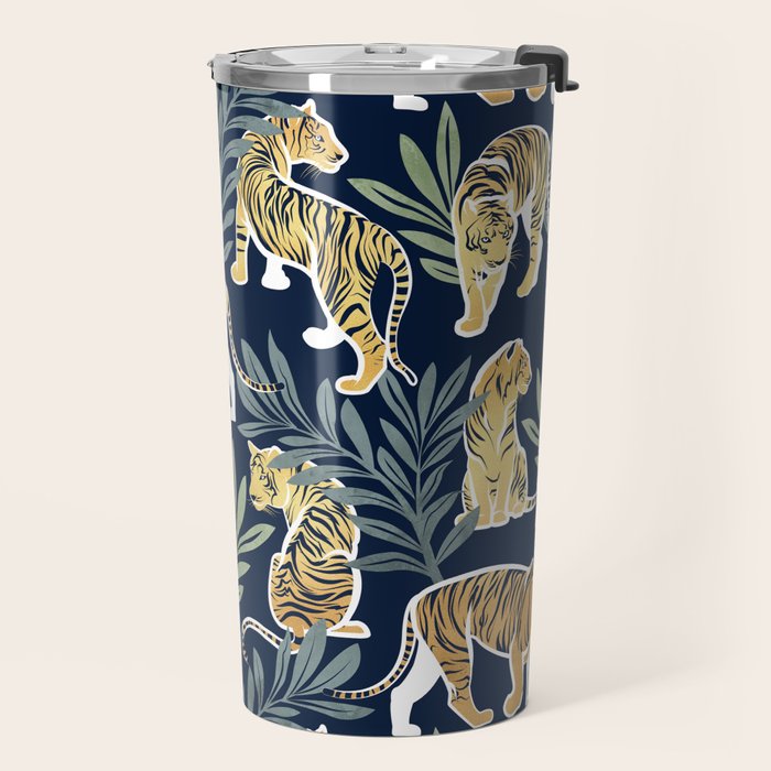 Nouveau white tigers // navy blue background green leaves white lines yellow animals Travel Mug Gallery Image 2
