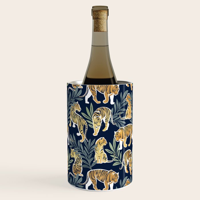 Nouveau white tigers // navy blue background green leaves white lines yellow animals Wine Chiller Gallery Image 3