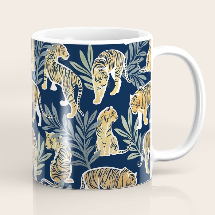 Nouveau white tigers // navy blue background green leaves white lines yellow animals Coffee Mug Gallery Image 1