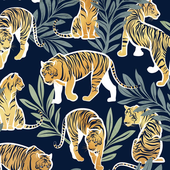 Nouveau white tigers // navy blue background green leaves white lines yellow animals Coffee Mug Gallery Image 2