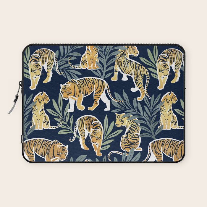 Nouveau white tigers // navy blue background green leaves white lines yellow animals Laptop Sleeve Gallery Image 1