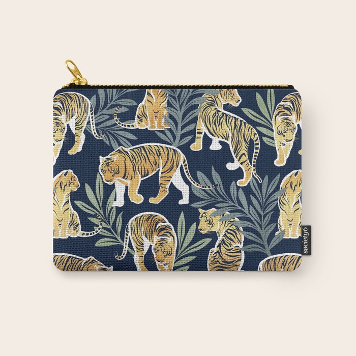 Nouveau white tigers // navy blue background green leaves white lines yellow animals Carry All Pouch Gallery Image 1
