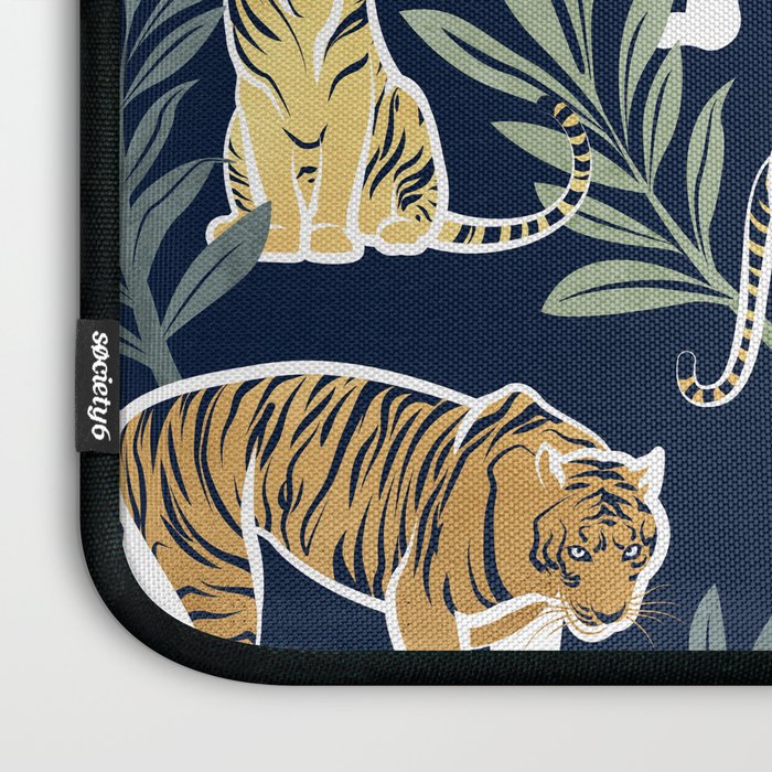 Nouveau white tigers // navy blue background green leaves white lines yellow animals Laptop Sleeve Gallery Image 3